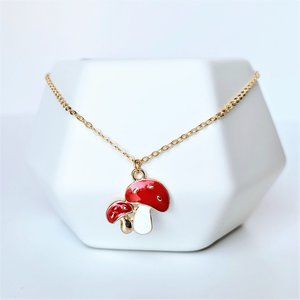 Red and White Cute Mushroom Necklace with Dainty Gold Chain